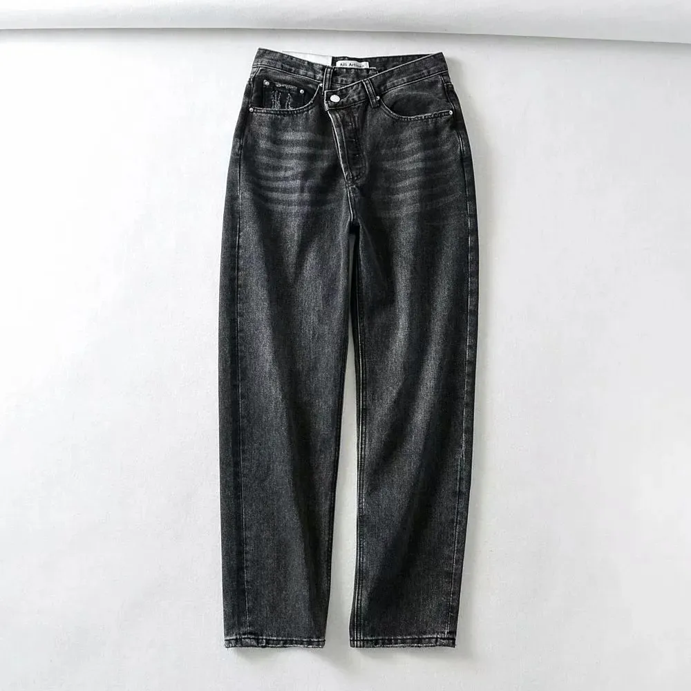 High Waist Denim Straight-leg Pants Ins European And American Style Old Pants Trousers - Black