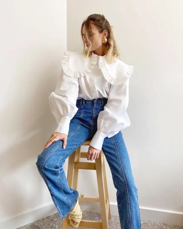 Palace Wind Doll Collar White Cotton Shirt Female Autumn And Winter Europe And America Wooden Ear Edge Long sleeved Shirt White - Shop at LoveMi