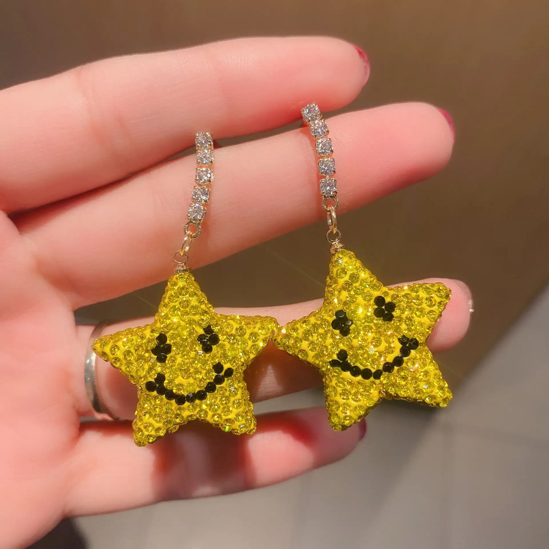Silver Needle Bright Five Pointed Star Long Earrings