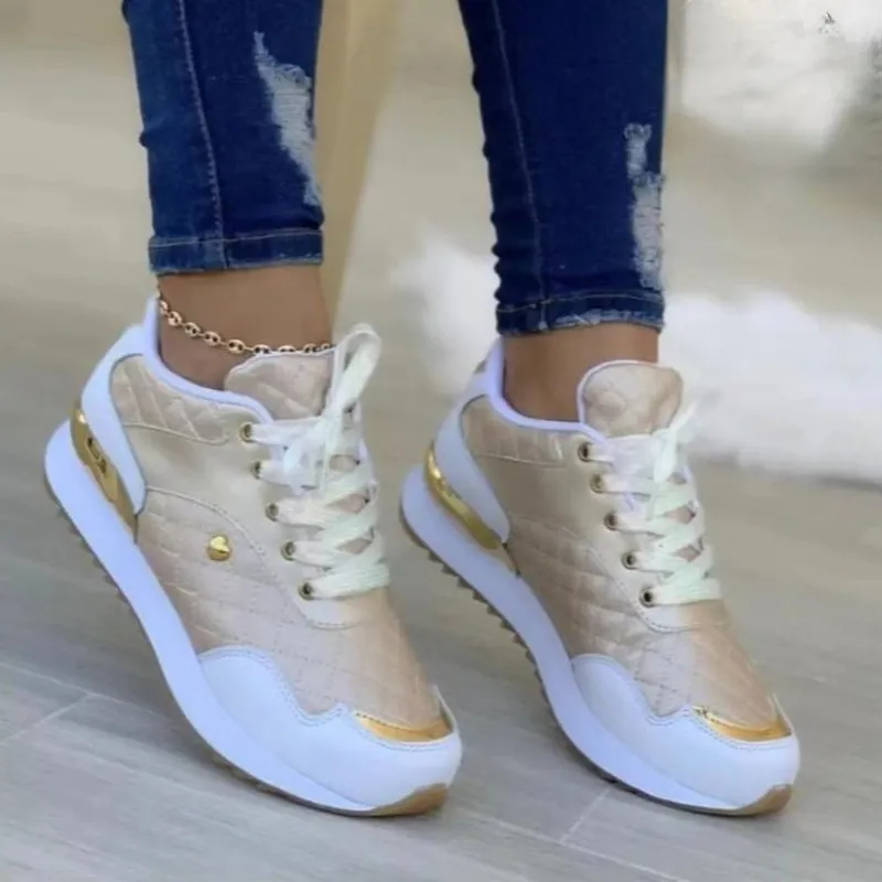 Plaid Sneakers Women Patchwork Lace Up Shoes With Love Decor - Apricot