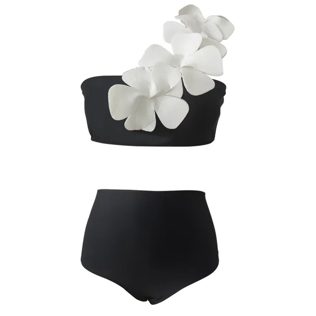 Women's Solid Color One Shoulder Big Flower Two Piece Swimsuit Black - Shop at LoveMi