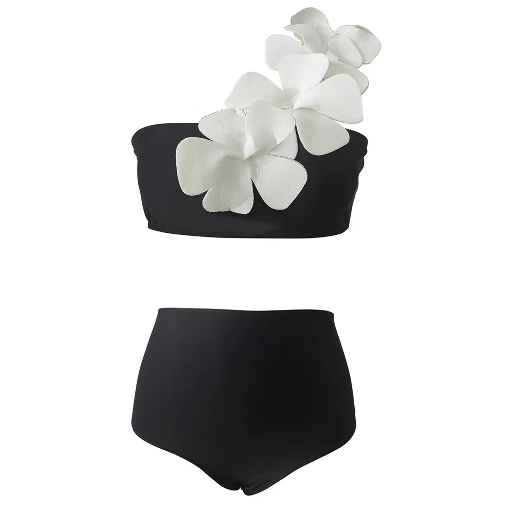 Women's Solid Color One Shoulder Big Flower Two Piece Swimsuit - Black