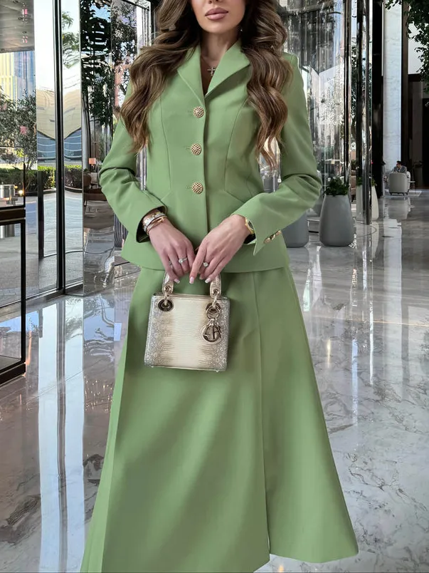 Solid Color Blazer & Slit Skirt Suit Green - Shop at LoveMi