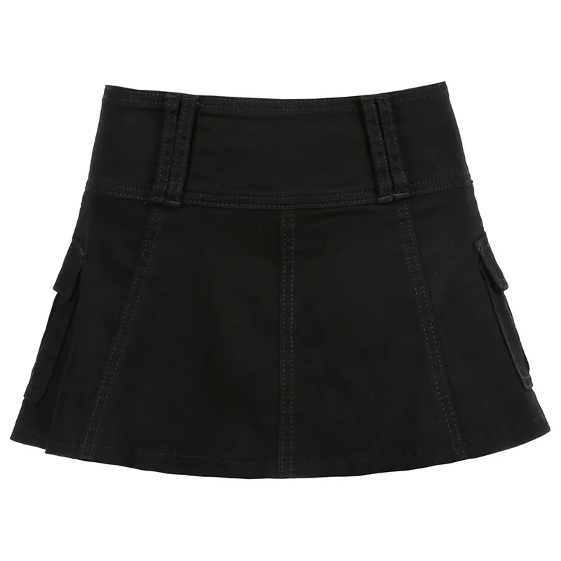 Solid Denim Fashion Pleated Skirt - Black