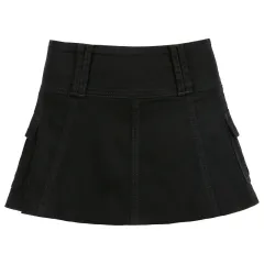 Solid Denim Fashion Pleated Skirt - Black - View 1