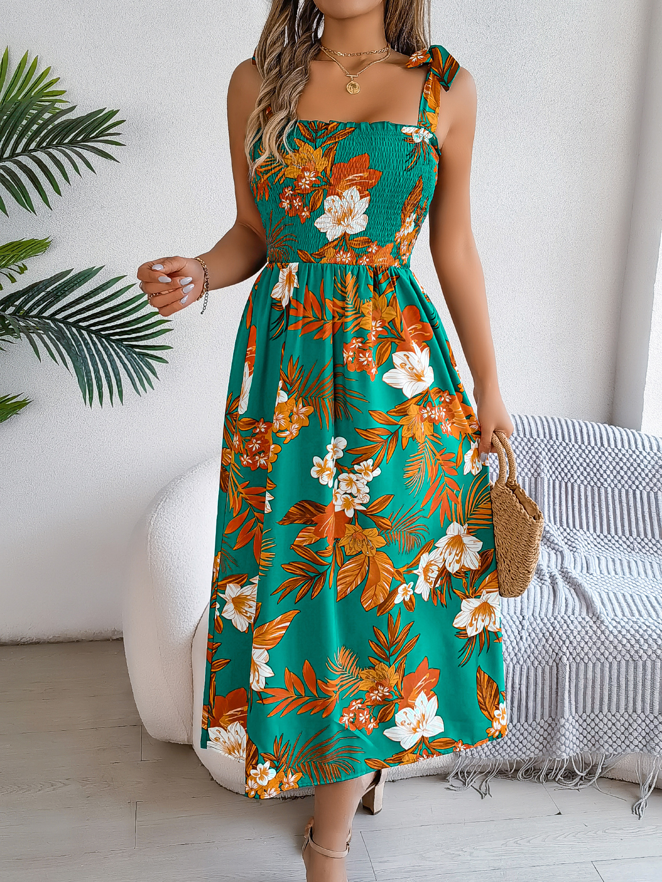 Women's Floral Print Tie Waist Camisole Beach Vacation Maxi Dress