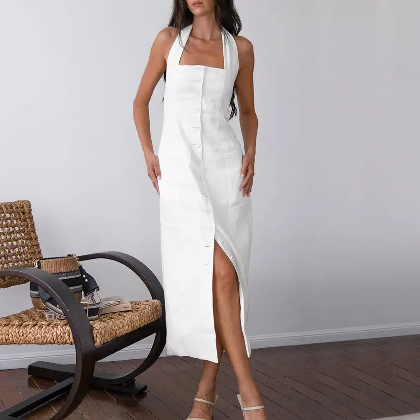 White Fashion Commuter Hanging Neck Back Dress