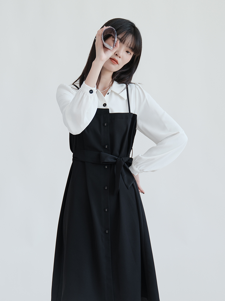 Long Women's French Waist Shirt Fake Two-piece Dress