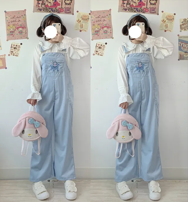 Autumn And Winter Japanese Girls Cute Corduroy Overalls Embroidery Pattern Blue - Shop at LoveMi