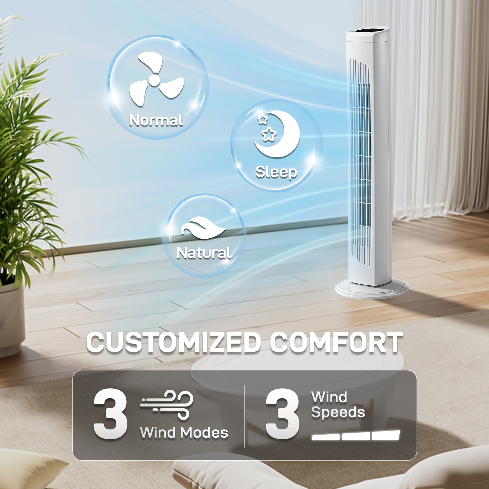 32 Inch Tower Fan With Remote & Touch Control, 110V 45W Quiet Oscillating Column Fan, Copper Motor, 3 Speeds 3 Modes, 7.5H Timer, Slim White Standing Fan For Bedroom Living Room Home Use — foto 5