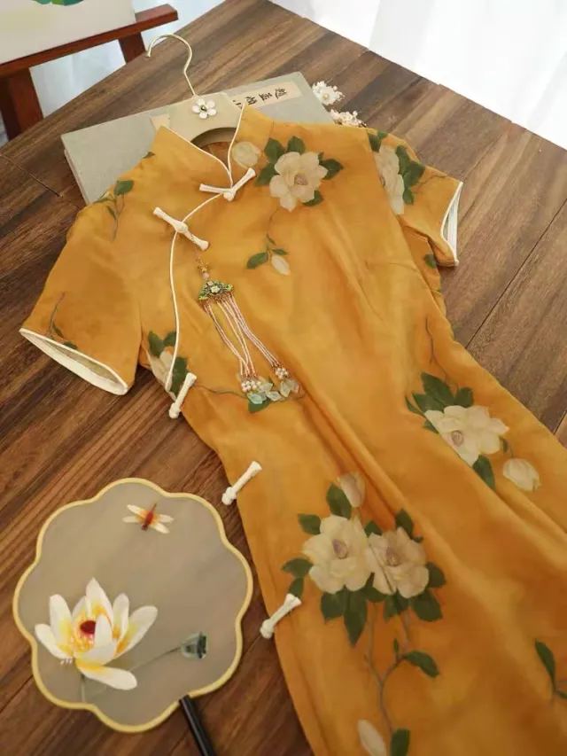 Girls Republic Of China Style Retro Long Elegant Dress Yellow201 - Shop at LoveMi