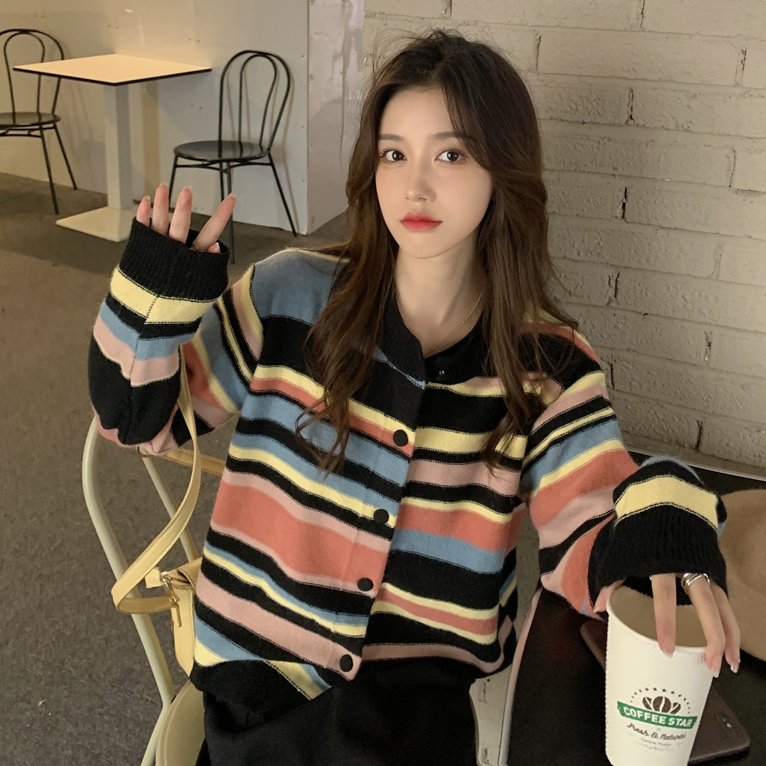 Rainbow Stripe Sweater Cardigan Women's Loose Long Sleeve