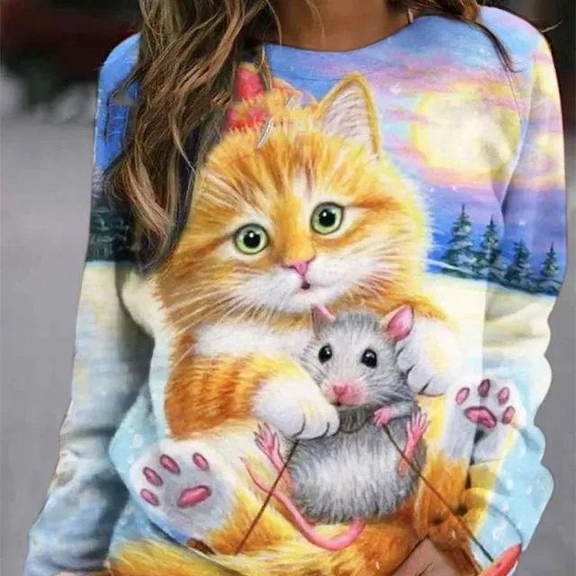 Round Neck Pattern Print Long Sleeve Jumper For Women Colourful Cat Print3 2Xl - Shop at LoveMi