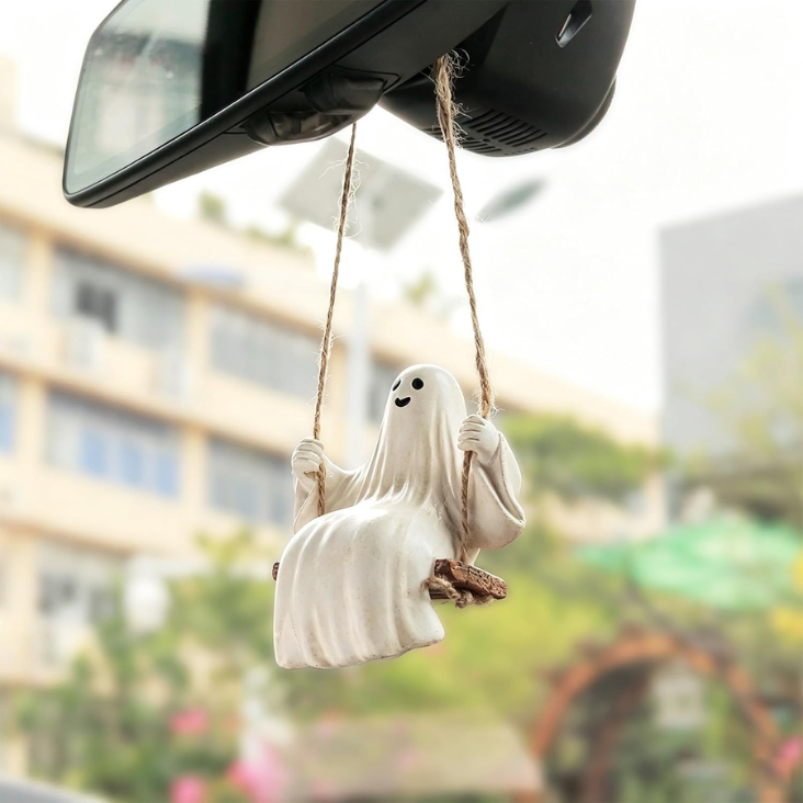 Cute Swinging Ghost Car Mirror Hanging Ornament Halloween Car Interior Accessories Distressed Vintage Ghost
