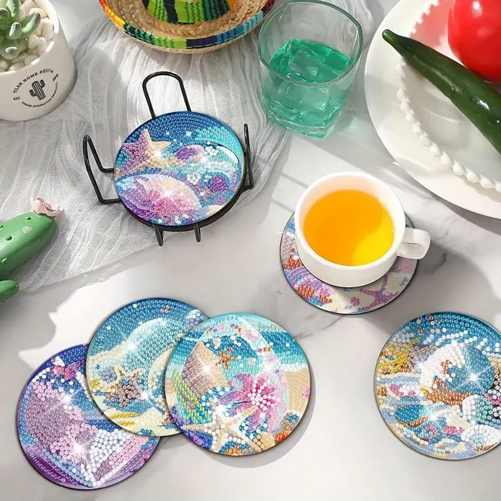 DIY Coasters With Diamond Painted Seaside Patterns And Supports, Suitable For Adult Beginners To Use Diamond Painting Sets, Handmade Diamond Art Materials, And Exquisite Gifts For Friends