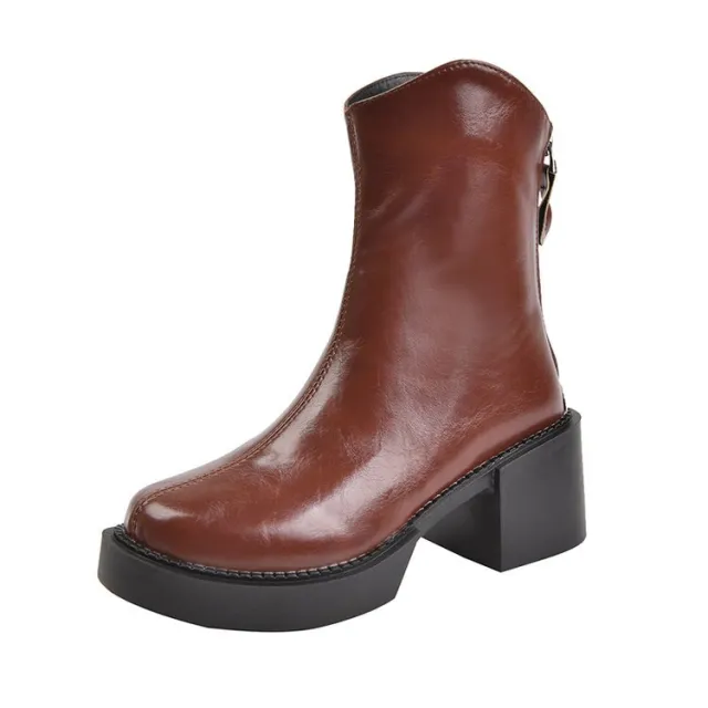 Round Toe Thick Mid Heel Zipper For Comfort Brown - Shop at LoveMi