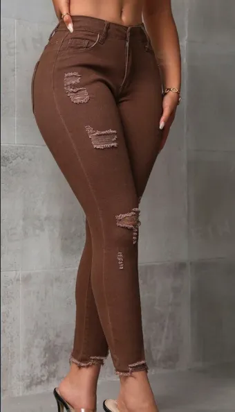 Women's Ripped Slim Fit Nine Point Denim Jeans Coffee Brown - Shop at LoveMi