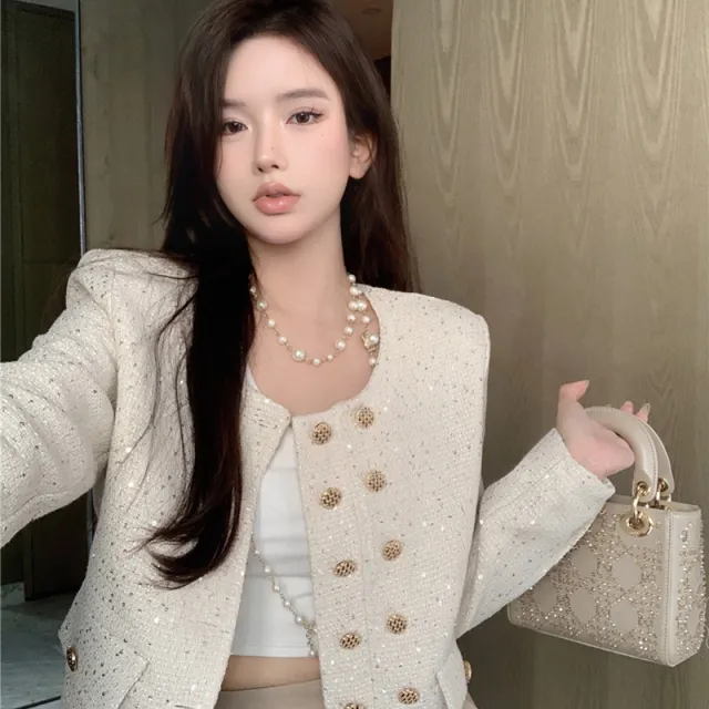 Sequin Crew Neck Wool Cropped Jacket Apricot - Shop at LoveMi