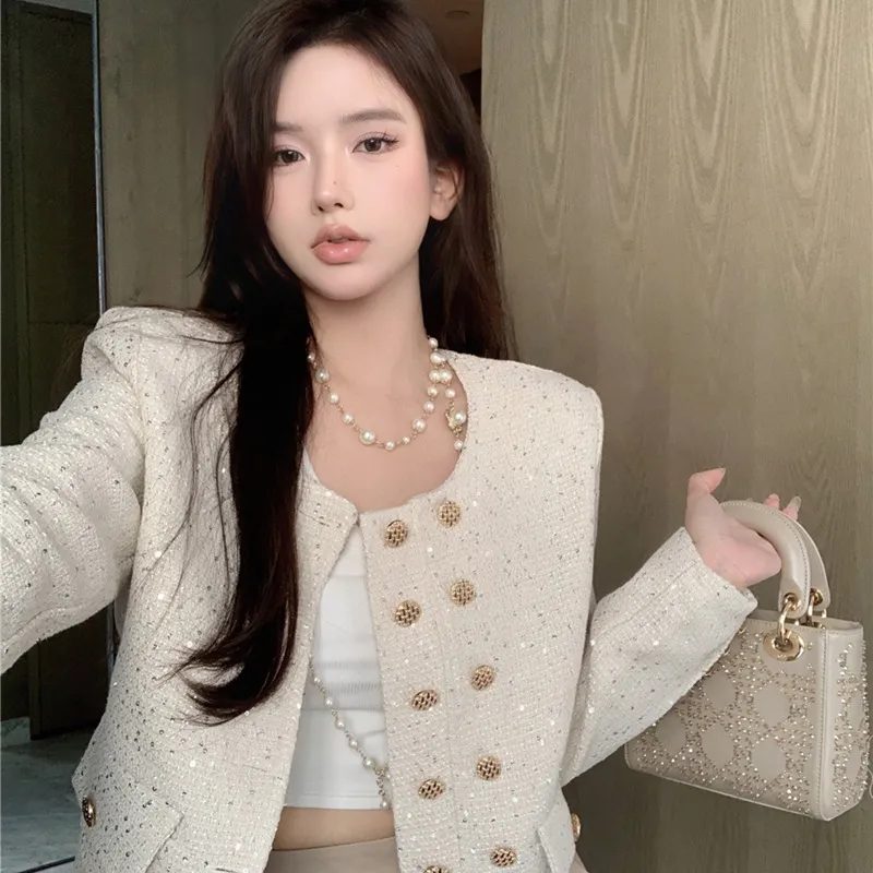Sequin Crew Neck Wool Cropped Jacket - Apricot
