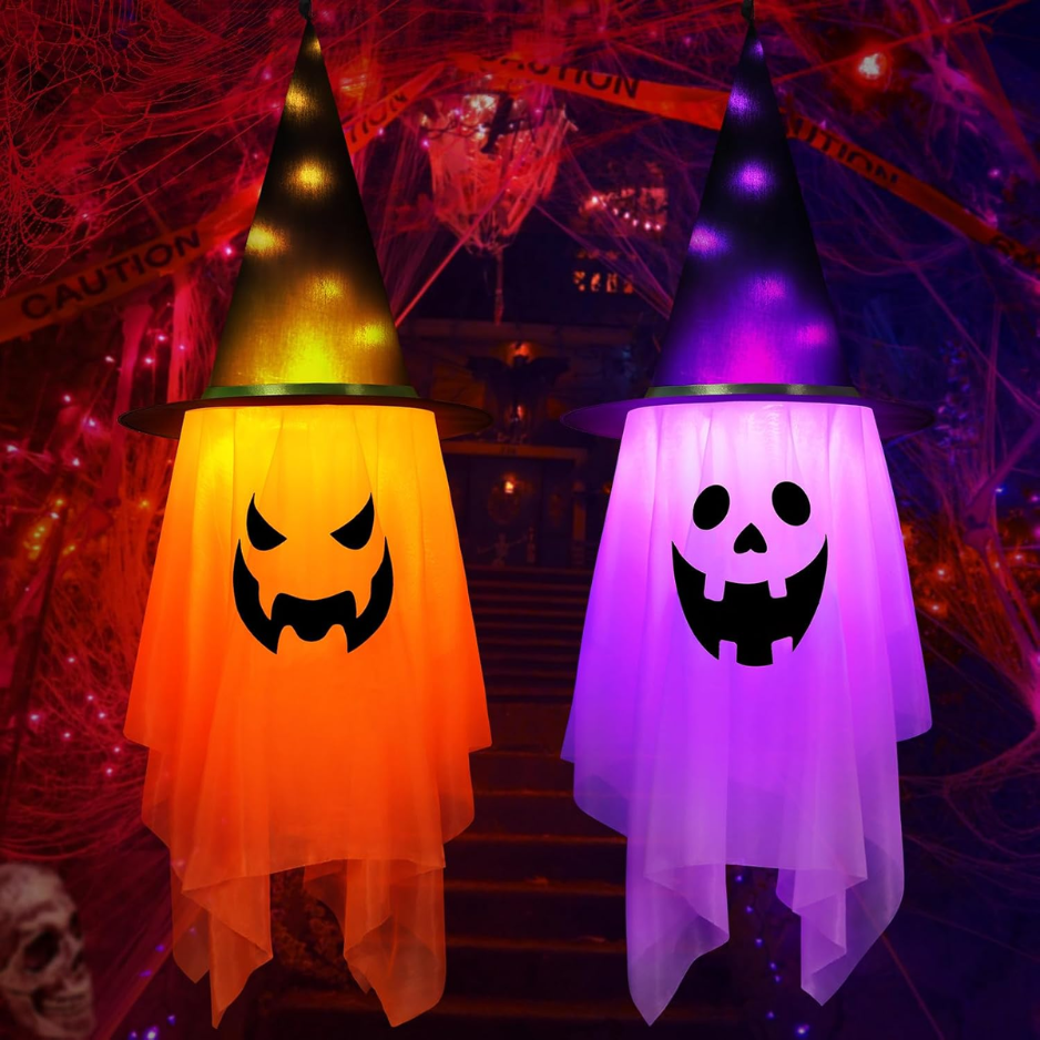 Halloween Decorations Outdoor,2 Pcs Large Lighted Glowing Ghost Witch Hats 42.5x15 Halloween Hanging Ghosts With Remote