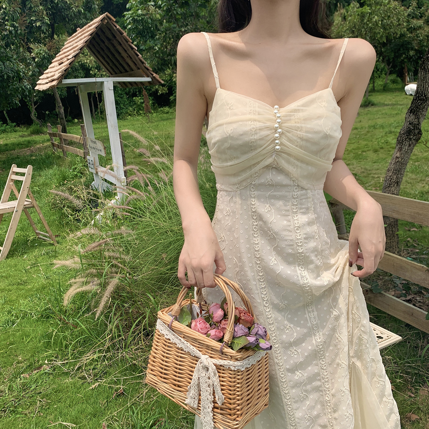 Long Gentle Style Bellflower French Suspender Women's Summer Skirt