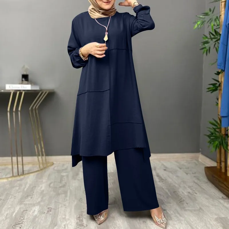 Plus Size Women's Solid Colour Shirt Round Neck Elastic Cuff Top With Asymmetrical Hem & Wide-Leg Pants Set - Blue