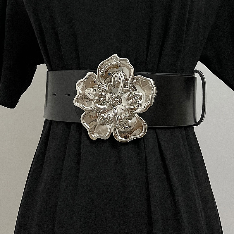 Wide Black Belt With Floral Silver Buckle