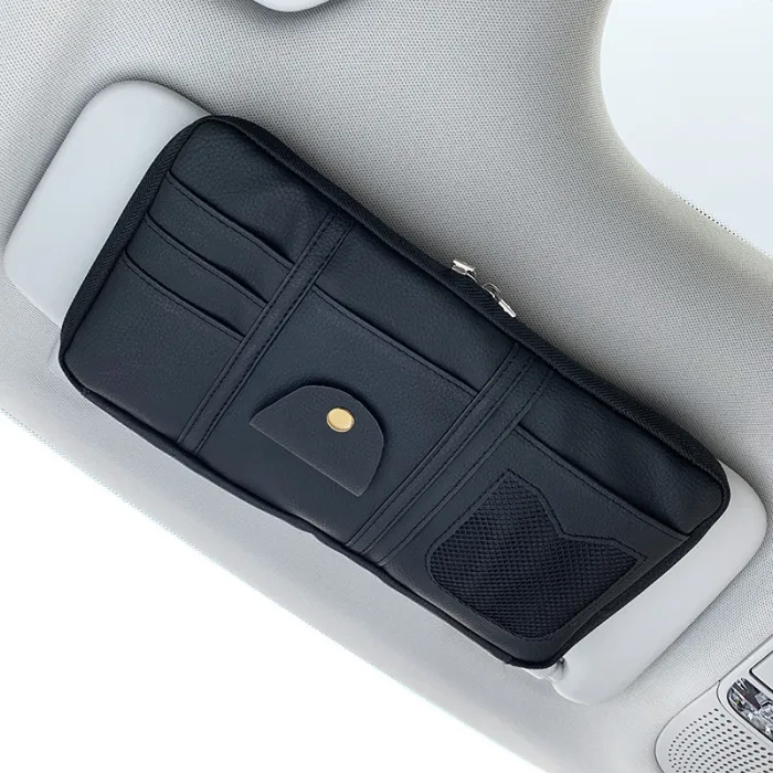 Car Sun Visor Organizer, PU Leather Zippered Holder for Registration, Cards, Pens and Sunglasses - detail photo 5