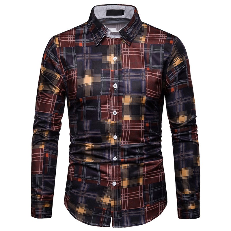 Title 6, Printed long-sleeved shirt fashion lapel plaid ...