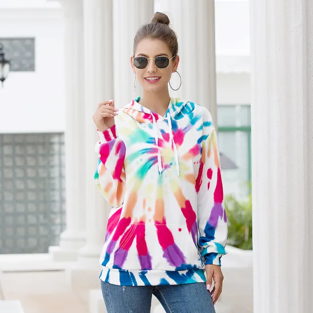 Loose Long Sleeved Printed Hooded Sweatshirt Blue - Shop at LoveMi