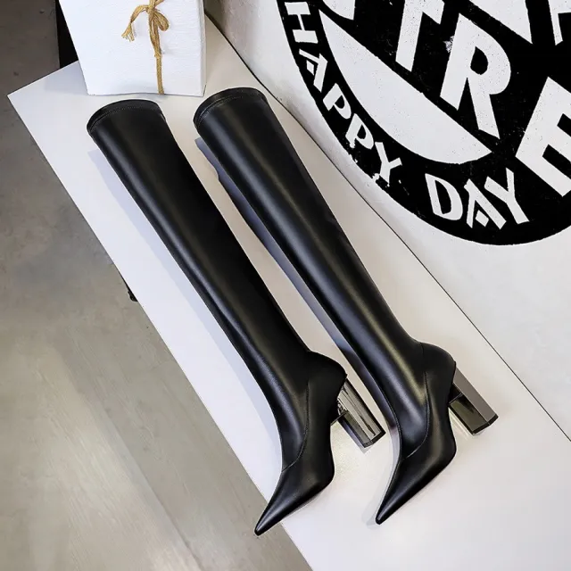 Women Thigh High Shoes Pointed Toe Over Knee Boots Square Heels Black - Shop at LoveMi