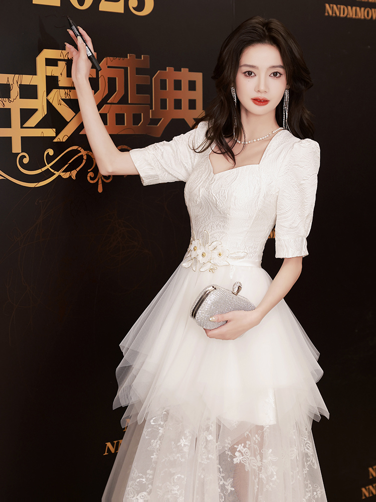 Puffed-Sleeve White Dress