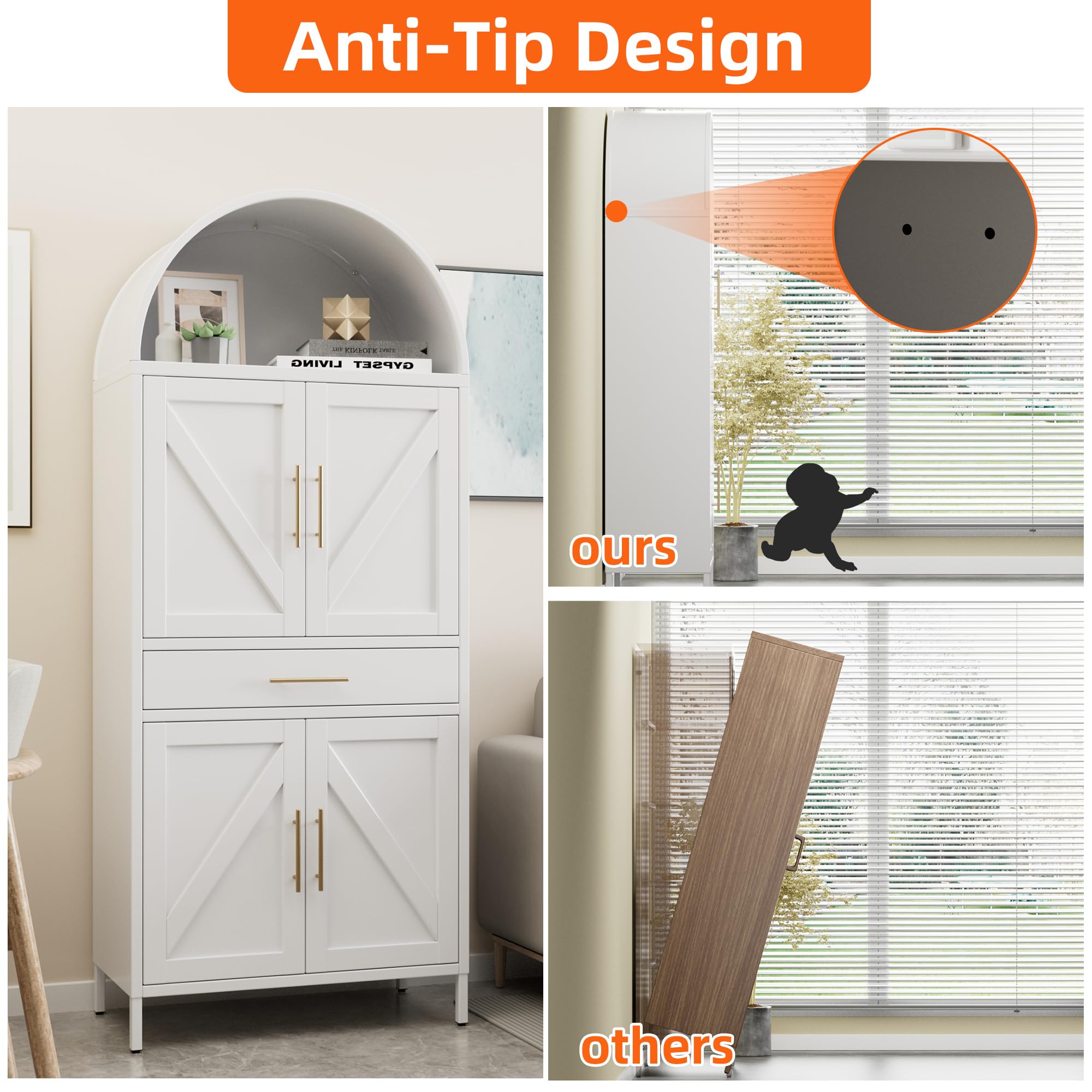 Metal Arched Kithchen Pantry Cabinet With Adjustable Shelves And Drawer,Farmhouse Pantry Cabinet With 2 Doors For Kitchen,Dining Room, Assembly Required,White