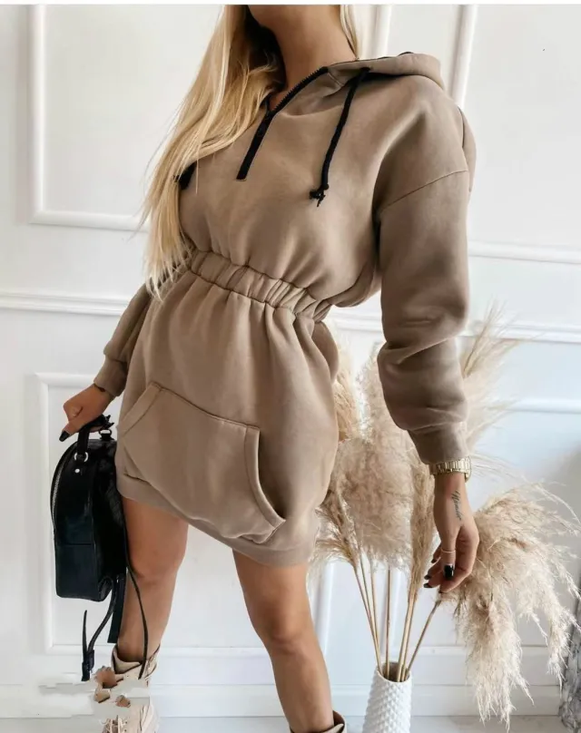 Casual Fashion Street Waistband Cap Long Sweater Dress Brown - Shop at LoveMi