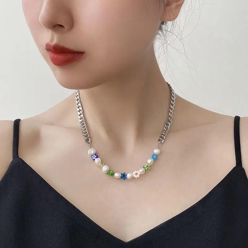 Pearl Colorful Glaze Flower Splice Necklace