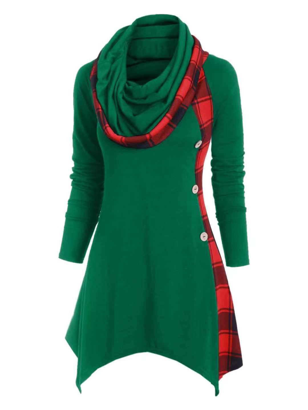 Hat Pile Collar Decorative Buckle Color Matching Plaid Long-sleeved Women's Clothing