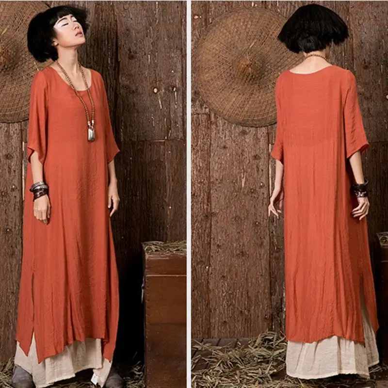 Literary Cotton And Linen Double Sleeve Dress