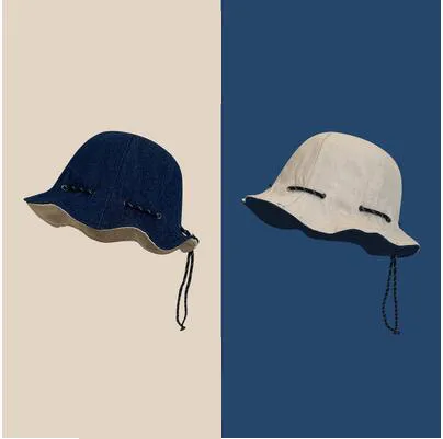 Solid Color Reversible Denim Fisherman Hat - Dark Blue Beige