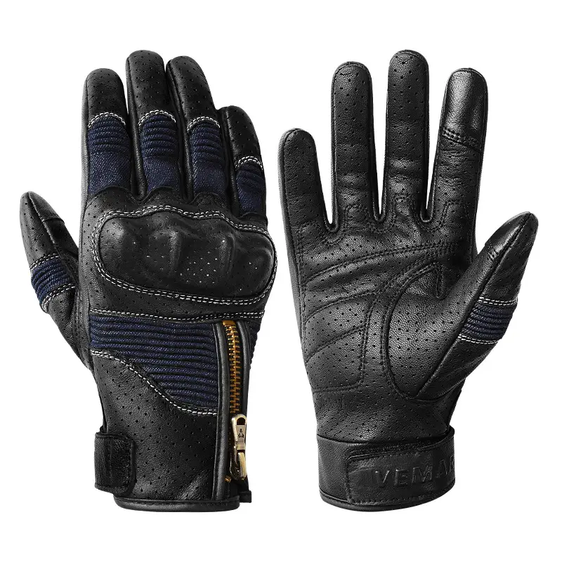 Men's Genuine Leather Sheepskin Vintage Perforated Motorcycle Gloves