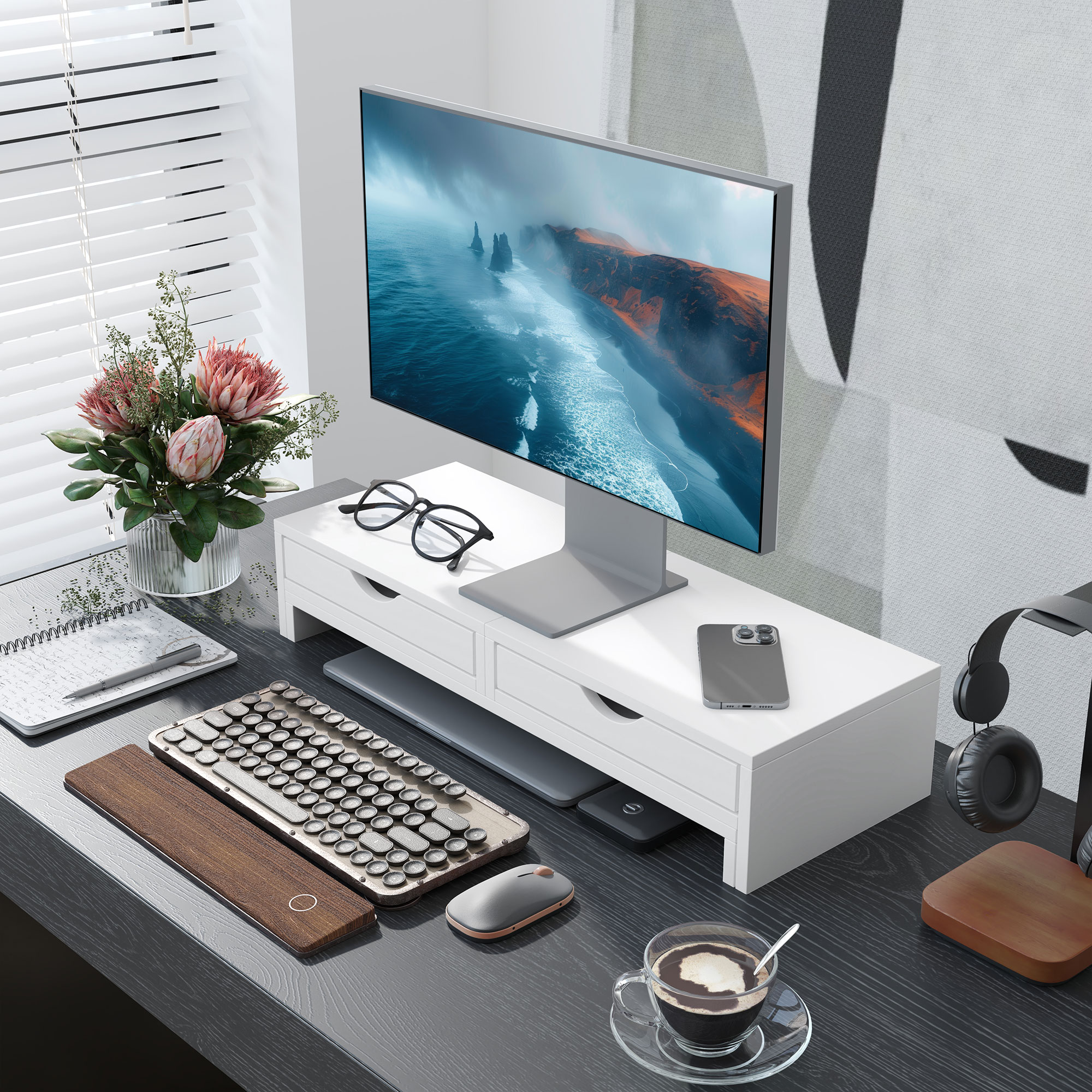 Dual Monitor Stand With 2 Drawers, Adjustable Length And Angle, 116cm Suitable — image 7