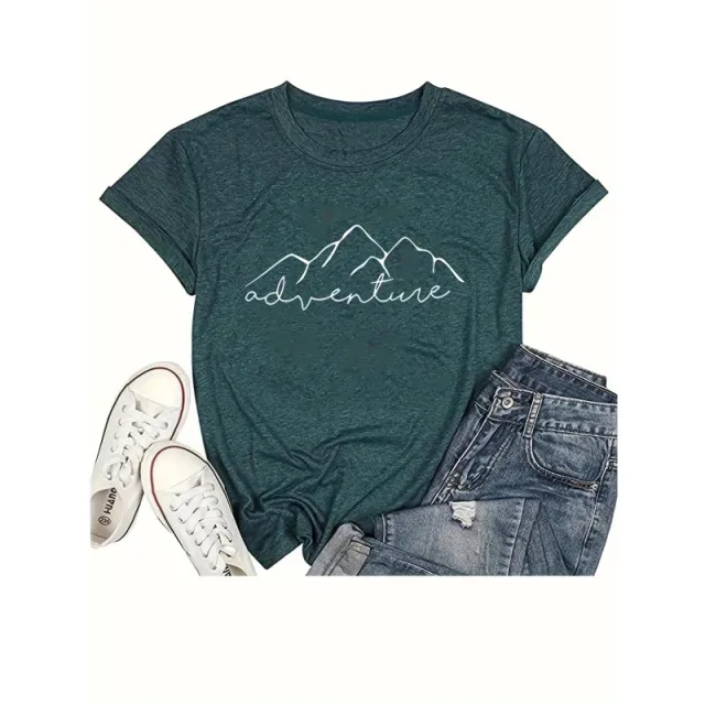 Women's Round Neck Mountain & 'Adventure' Print Casual T Shirt Short Sleeve Summer Top Dark Green - Shop at LoveMi