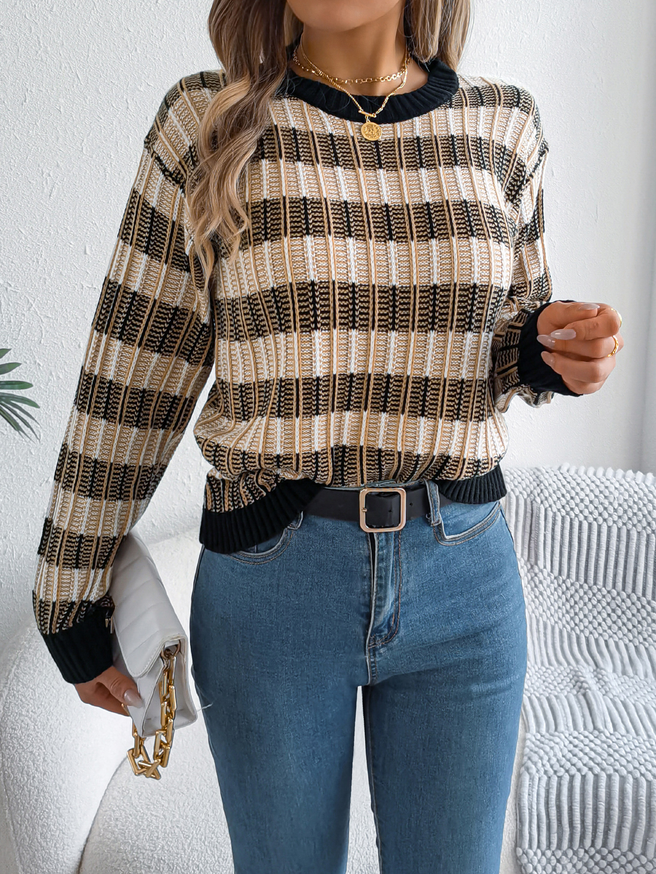 Women Round Neck Retro Stripe Lantern Sleeve Long Sleeve Pullover Sweater thumbnail 2