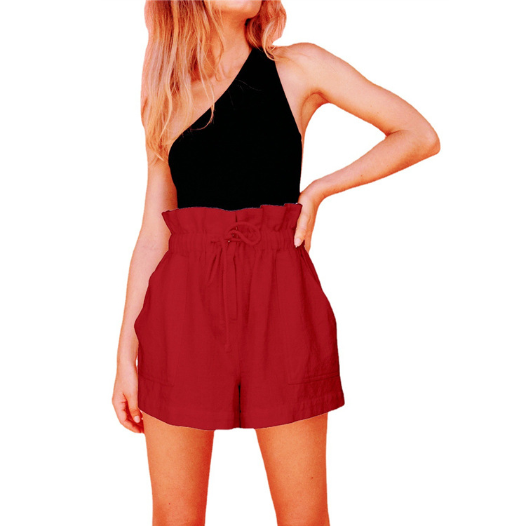 Casual Cotton And Linen Large Bud Loose Drawstring Wide leg Shorts Brick Red - Shop at LoveMi