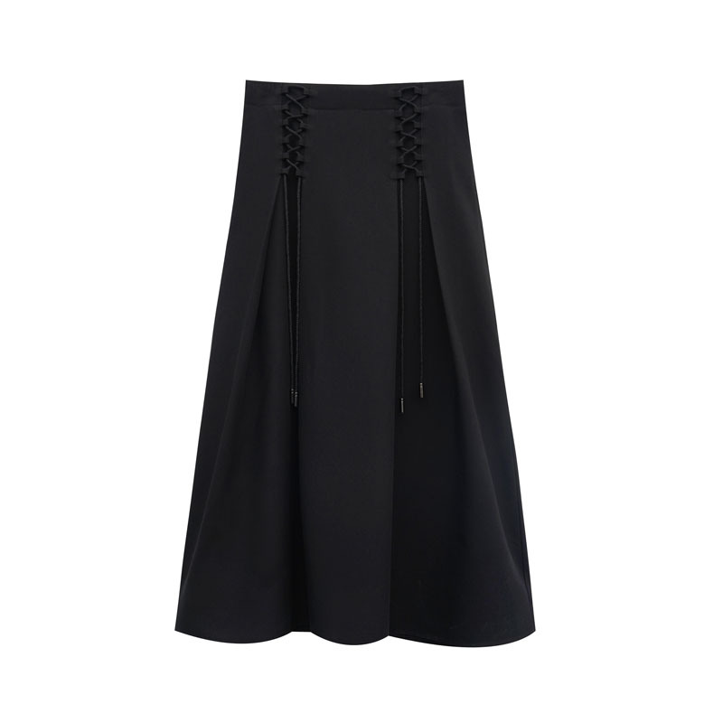 Net Red Korean Version Of The Lace-up Pleated High-waist A-line Skirt Gray Fashion Temperament