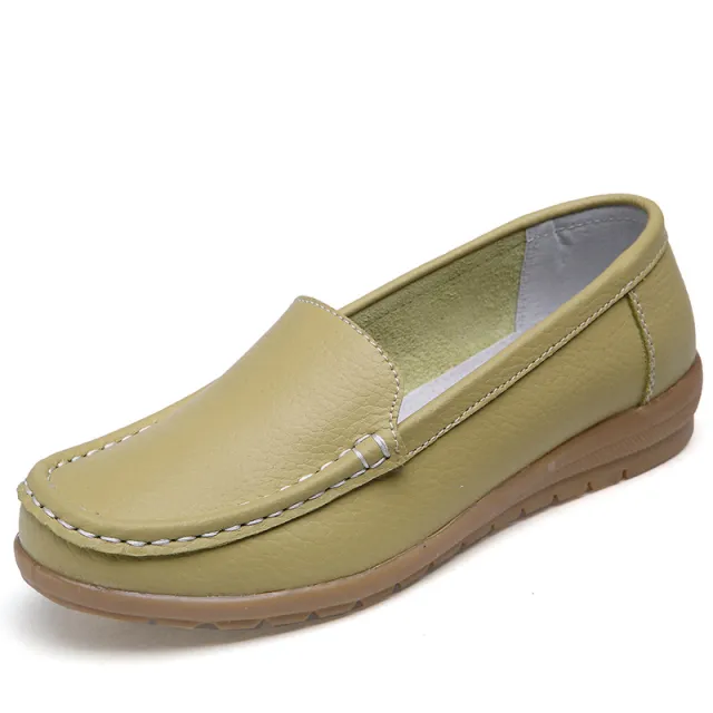 Genuine Leather Peas Shoes Women Flat Mother Shoes Nurse Shoes White Non slip Green - Shop at LoveMi