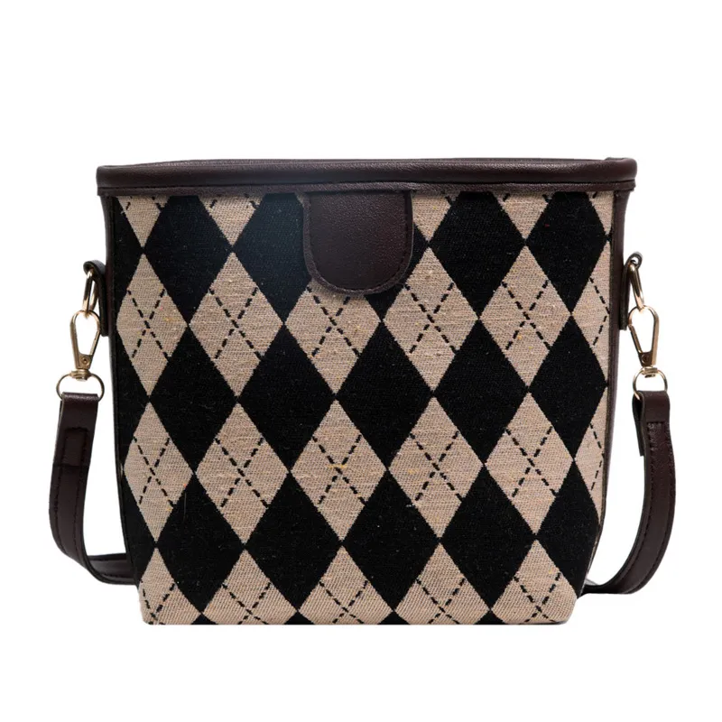 Check Vintage Crossbody Simple Casual Tote Bag - Coffee