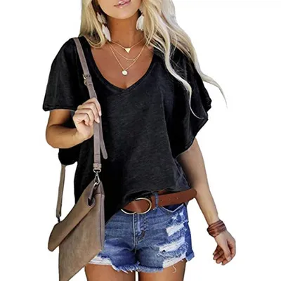 Solid Color Loose V neck Short sleeved T shirt Black - Shop at LoveMi