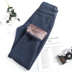 Fleece Jeans Women's Loose Straight-leg Pants - Blue And Grey - View 1