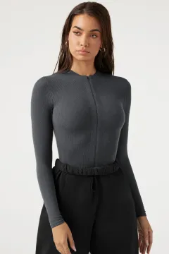 Long Sleeve Zipper Jumpsuit Fashion V-Neck Slim Fit Knitted Corset Body Shaper Clothing For Dress Sports Yoga Romper - Dark Grey - View 1
