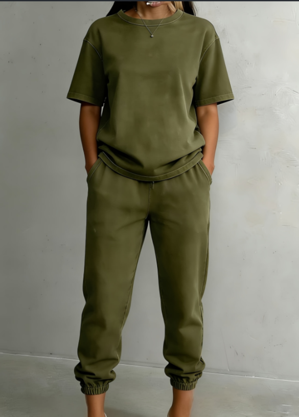 Washed Cotton Short Sleeved Leg Binding Casual Two-piece Set